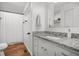 Bathroom with modern vanity, granite countertop, and shower with white curtain at 200 Harvell Dr, Bowdon, GA 30108