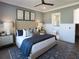 A bright main bedroom suite features a plush bed, ceiling fan, and ensuite bathroom at 3552 Cedarvale Ct, Powder Springs, GA 30127
