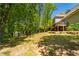 Landscaped backyard with wooded area and an elevated deck, perfect for outdoor relaxation and enjoying nature at 2025 Goldmine Dr, Cumming, GA 30040