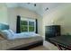 Bedroom with dark furniture, blue comforter and large window with backyard views at 2025 Goldmine Dr, Cumming, GA 30040