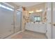 Bright bathroom featuring a walk-in shower, double vanity, and neutral color scheme at 3321 Hampreston Nw Way, Kennesaw, GA 30144