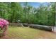 Landscaped backyard featuring a playset, lawn, flowering bushes, mature trees and an in-ground pool with secure fencing at 1400 Squire Ln, Cumming, GA 30041