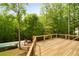 Wooden deck overlooking a fenced pool and lush green backyard with mature trees at 1400 Squire Ln, Cumming, GA 30041