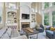 Bright living room with a cozy fireplace, custom shelving, and stylish seating at 101 Fernwood Dr, Woodstock, GA 30188