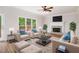 Inviting living room with a cozy fireplace, a ceiling fan, and access to the deck at 732 Sweet Gum Way, Canton, GA 30115