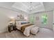 Spacious main bedroom with tray ceiling, neutral colors, and carpet flooring at 1725 Redbud Way, Cumming, GA 30041