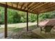 Relaxing covered patio with stone flooring and natural wood support beams, overlooking a lush green backyard at 1725 Redbud Way, Cumming, GA 30041