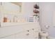 Bathroom showcasing a white vanity cabinet with a pristine countertop and a decorative wall mirror at 2568 Morning Glory Pl, Lawrenceville, GA 30044