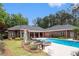 Private backyard oasis featuring a swimming pool, tanning ledge, and mature trees surrounding the property at 850 Cog Hl, Mcdonough, GA 30253