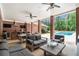 Relaxing covered patio featuring an outdoor kitchen, lounge area, and view of the private pool at 850 Cog Hl, Mcdonough, GA 30253
