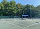 Well-maintained tennis court with lighting, nets, and a shaded seating area for players at 850 Cog Hl, Mcdonough, GA 30253