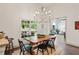 Cozy dining area featuring a wooden table, chandelier, and view of the backyard at 2656 White Rock Dr, Buford, GA 30519