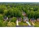 An aerial view of a neighborhood showcases lush greenery and well-maintained homes at 5595 Timson Ln, Johns Creek, GA 30022
