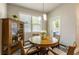 Charming dining area features a round wooden table and chairs adjacent to a cabinet and a window at 120 Maple Creek Way, Woodstock, GA 30188