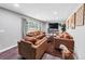 Inviting living room with wood-look floors, recessed lighting, and comfortable, modern furnishings at 7371 Ovis Ct, Riverdale, GA 30274