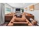 Inviting living room with wood-look floors, recessed lighting, and comfortable, modern furnishings at 7371 Ovis Ct, Riverdale, GA 30274