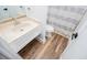 This bathroom features a granite sink and a white shower curtain at 277 Clearview Ct, Villa Rica, GA 30180