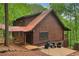 Cozy log cabin with red roof, wooden deck, and patio seating amidst lush green trees at 2361 Mann Rd, Douglasville, GA 30134