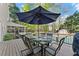 Outdoor dining area on the deck, complete with a table and umbrella, next to a swimming pool at 2040 Parliament Dr, Lawrenceville, GA 30043