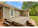 Backyard with a wooden deck with stairs, brick exterior, blue door and grassy area at 975 Shirley Se St, Smyrna, GA 30082
