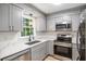 Modern kitchen with gray cabinets, stainless steel appliances, and quartz countertops at 450 High Creek Trce, Roswell, GA 30076