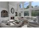 Sun-drenched living room with high ceilings, fireplace, built-ins, and expansive windows at 1015 Bedford Gardens Dr, Alpharetta, GA 30022