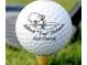 Close-up of a golf ball on a tee, displaying the logo of the Alfred 