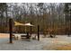 Seating area at the dog park with shade canopies for residents at 4507 N Peachtree Rd, Dunwoody, GA 30338
