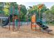 Playground featuring a variety of climbing structures, slides, and play features set on a bed of mulch next to the pool at 4507 N Peachtree Rd, Dunwoody, GA 30338