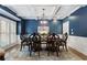 Traditional dining room featuring navy walls, wainscoting, coffered ceilings, and a chandelier at 1062 Meadow Grass Ln, Powder Springs, GA 30127