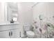 Bright bathroom featuring a white vanity, modern fixtures, toilet, and a floral shower curtain at 351 Boundless Ln, Canton, GA 30114