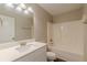 This bathroom features a single sink vanity, toilet and a shower and tub combo at 5280 Tussahaw Xing, Mcdonough, GA 30252