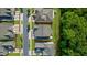 An aerial view of homes with gray shingled roofs and sidewalks, lush lawns, and mature trees at 10140 Grandview Sq, Duluth, GA 30097