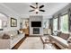 Living room features stone fireplace, large windows, hardwood floors, comfortable seating, and neutral tones at 10140 Grandview Sq, Duluth, GA 30097