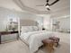Beautiful main bedroom with tray ceiling, ceiling fan and reading chairs at 5760 Palmtree Pass, Cumming, GA 30040