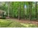 Green wooded backyard with a deck on the back of the home at 1440 Sandford Sw Trl, Lilburn, GA 30047