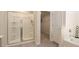 Modern bathroom features a glass-enclosed shower, soaking tub, and convenient access to the walk-in closet at 4960 Jatoba Rd, Acworth, GA 30101