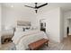 Bright bedroom with an area rug, ceiling fan, and adjacent bathroom and hallway access at 654 Soul Aly # 102, Alpharetta, GA 30009