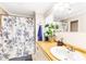 Bright bathroom featuring a shower with floral curtain, vanity with countertop and a decorative plant at 7840 Highway 101, Rockmart, GA 30153