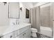 Bathroom with a white vanity, a bathtub with shower, mosaic floors, and a framed mirror above the sink at 260 Jasmine Garden Way, Alpharetta, GA 30009