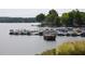 View of marina featuring numerous boats docked on the lake in front of waterfront homes at 201 Hunley Ct, Alpharetta, GA 30005