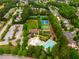 Aerial shot of a community pool, tennis courts, playground, and parking at 590 Birkdale Dr, Fairburn, GA 30213