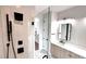 This modern bathroom has a glass shower, marble floors, a single vanity and modern fixtures at 105 Georgia Se Ave # 6, Atlanta, GA 30312