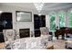Comfortable living room area with fireplace, large windows, and patterned seating around a round coffee table at 2015 Shaudi Ln, Atlanta, GA 30345