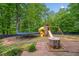 A backyard featuring playground, trampoline, and a beautiful backdrop of lush greenery, offering a fun outdoor space at 1039 Avery Creek Dr, Woodstock, GA 30188