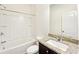 This bathroom features a shower-tub combo, granite countertops, and vanity at 4615 Elmwood Trl, Cumming, GA 30028