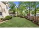 Well-maintained backyard with a lush green lawn, mature trees, and a privacy fence at 1824 Mallard Lake Dr, Marietta, GA 30068