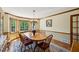 Dining room with wood floors, area rug, bay window, and chandelier lighting at 190 Ward Rd, Ellenwood, GA 30294