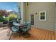Spacious wooden deck with an outdoor dining table and umbrella, perfect for entertaining at 431 Shore Dr, Suwanee, GA 30024