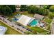 Aerial view of a community pool, covered with a tent, surrounded by trees and parking, perfect for recreation at 5260 Long Island Nw Dr, Atlanta, GA 30327